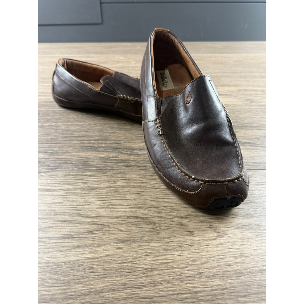OluKai Akepa Moc Mens Dark Brown Leather Slip On Driving Loafers Shoes Size 10
